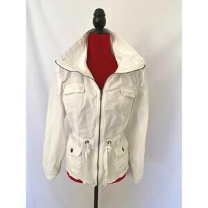 Womens XL White Cotton Zippered Jacket W/ Cinch Waist - Cute!  Live a Little
